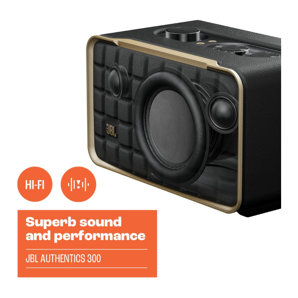 JBL Authentics 300 - Wireless Home Speaker, Music Streaming Services via Built-in Wi-Fi, Built in Battery, Built in Alexa and Google Assistant JBL Authentics 300 - Wireless Home Speaker, Music Streaming Services via Built-in Wi-Fi, Built in Battery, Built in Alexa and Google Assistant